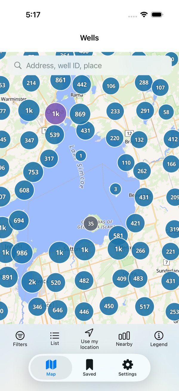 Map of the Lake Simcoe area between Orillia and Sutton, with wells grouped into numbered circles — 861, 539, 431, 2k — instead of individual pins.