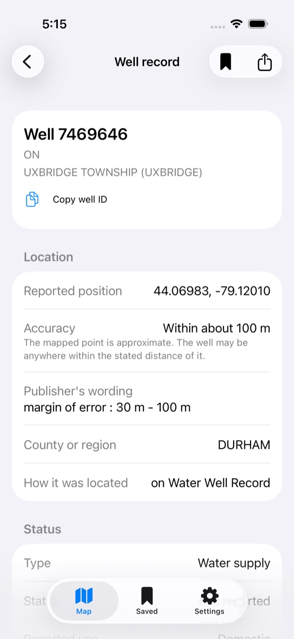 Well record 7469646 in Uxbridge Township. Reported position 44.06983, -79.12010; accuracy “Within about 100 m”, with the note that the mapped point is approximate and the publisher's own wording “margin of error : 30 m - 100 m”.