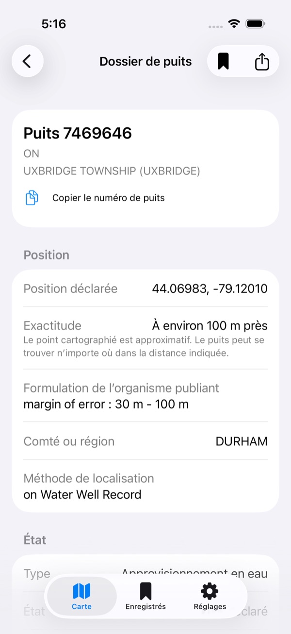 Dossier du puits 7469646, canton d'Uxbridge, en français. Position déclarée 44.06983, -79.12010; exactitude « À environ 100 m près », avec la formulation de l'organisme publiant laissée telle quelle : « margin of error : 30 m - 100 m ».