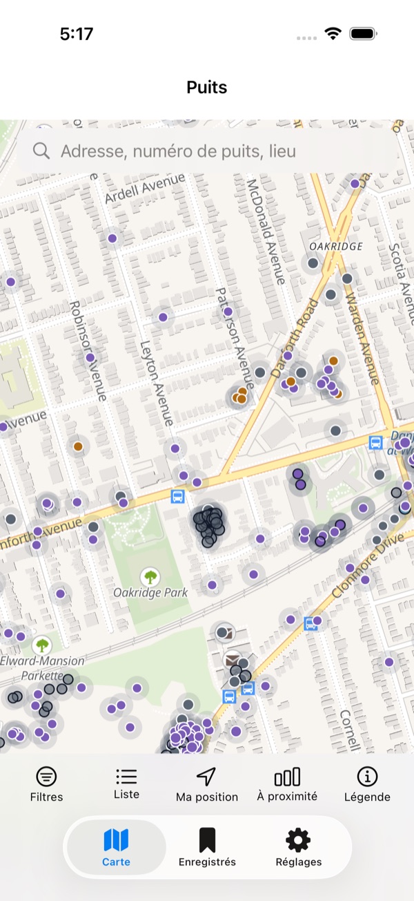 La même carte du secteur Danforth et Oakridge, à Toronto, avec l'interface en français : Filtres, Liste, Ma position, À proximité, Légende.