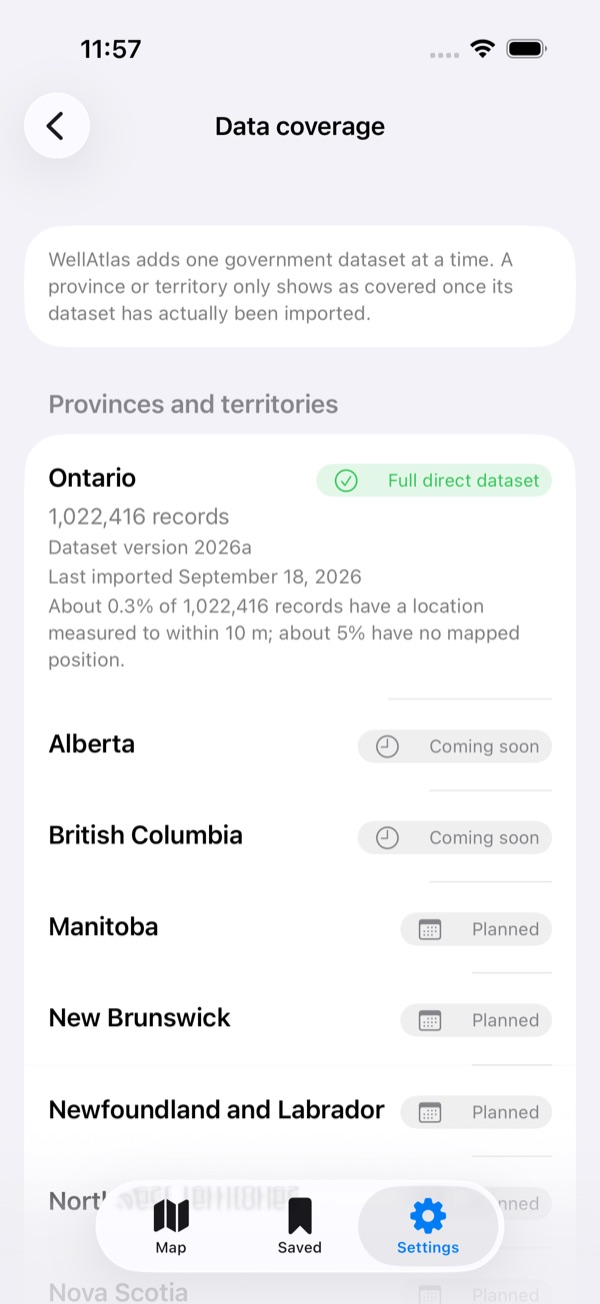 Data coverage screen: Ontario marked “Full direct dataset”, 1,022,416 records, dataset version 2026a, last imported September 18, 2026; Alberta and British Columbia “Coming soon”; Manitoba, New Brunswick and Newfoundland and Labrador “Planned”.