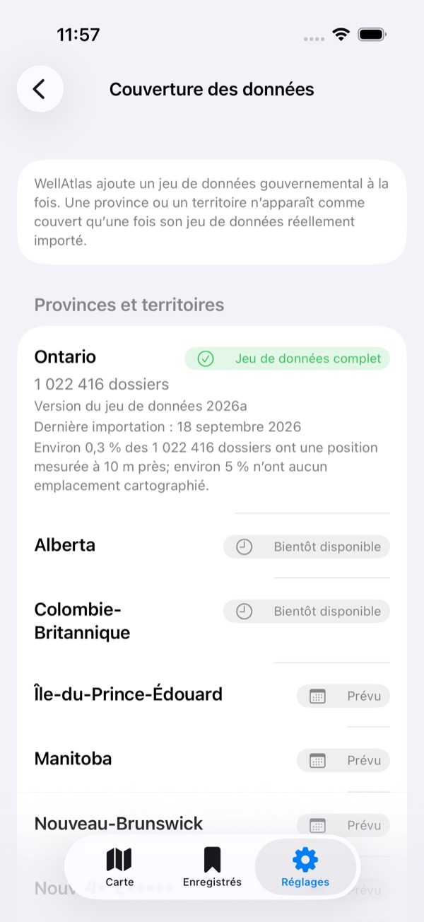 Écran « Couverture des données » : Ontario, « Jeu de données complet », 1 022 416 dossiers, version 2026a, dernière importation le 18 septembre 2026; Alberta et Colombie-Britannique « Bientôt disponible »; Île-du-Prince-Édouard et Manitoba « Prévu ».